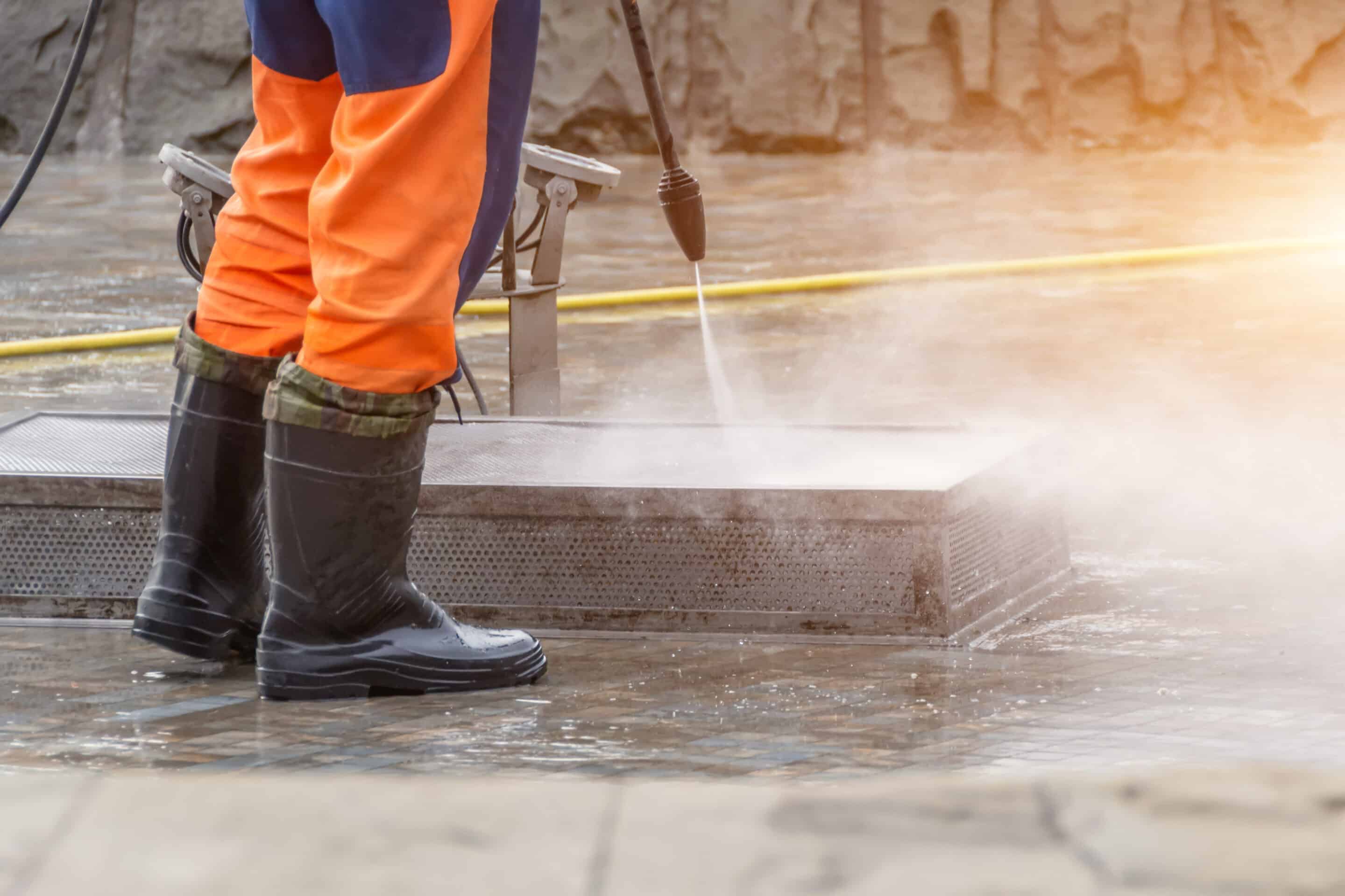 Washing the fountain under a powerful jet of water pressure, a worker in rubber boots